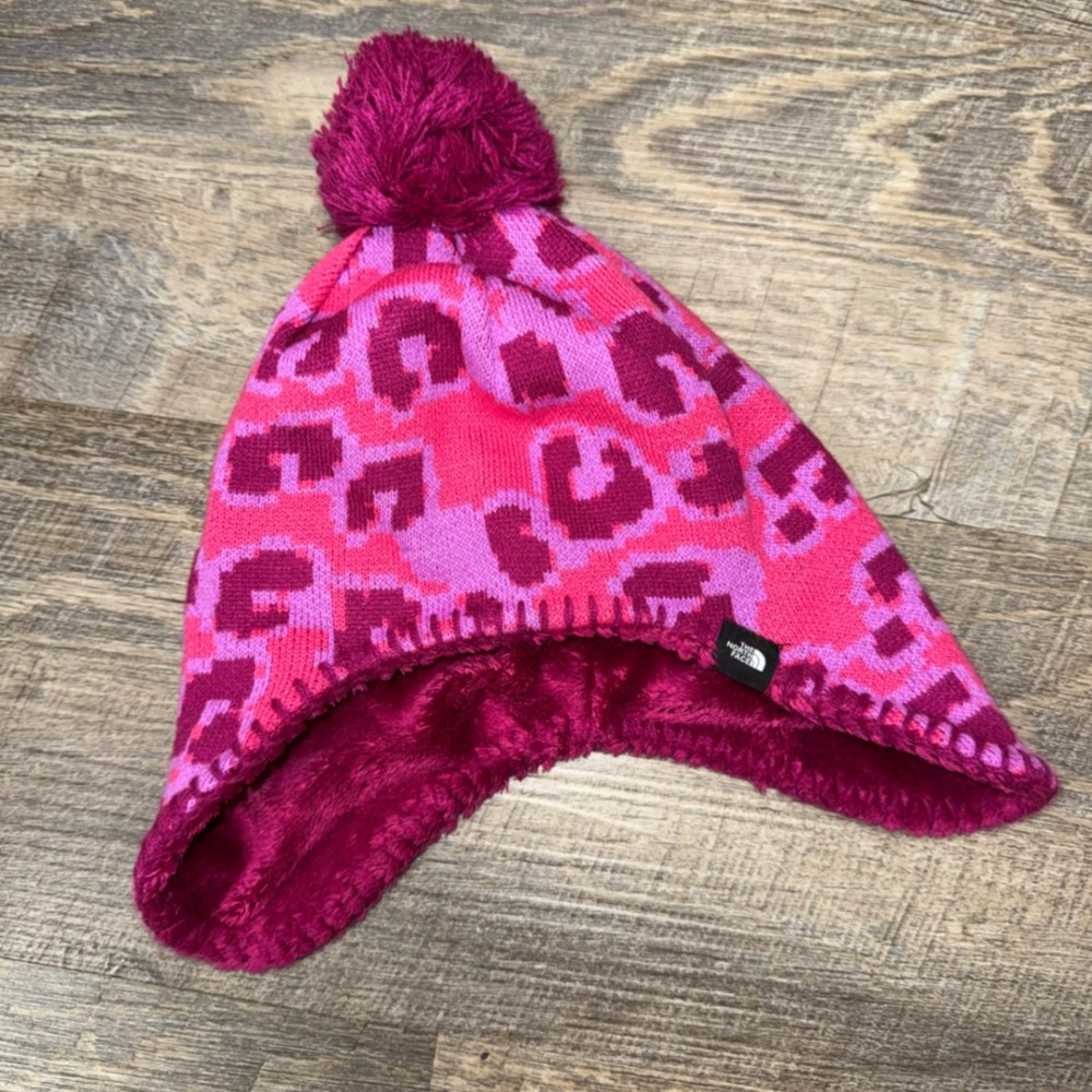 The North Face Littles Faroe Beanie Toddler 4T 5T Pink Leopard Pom Fleece Hat